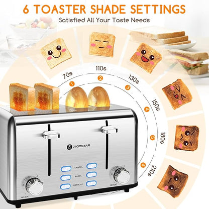 Aigostar Toaster 4 Slice 1.6" Wide Slot Stainless Steel Toasters - Image 3