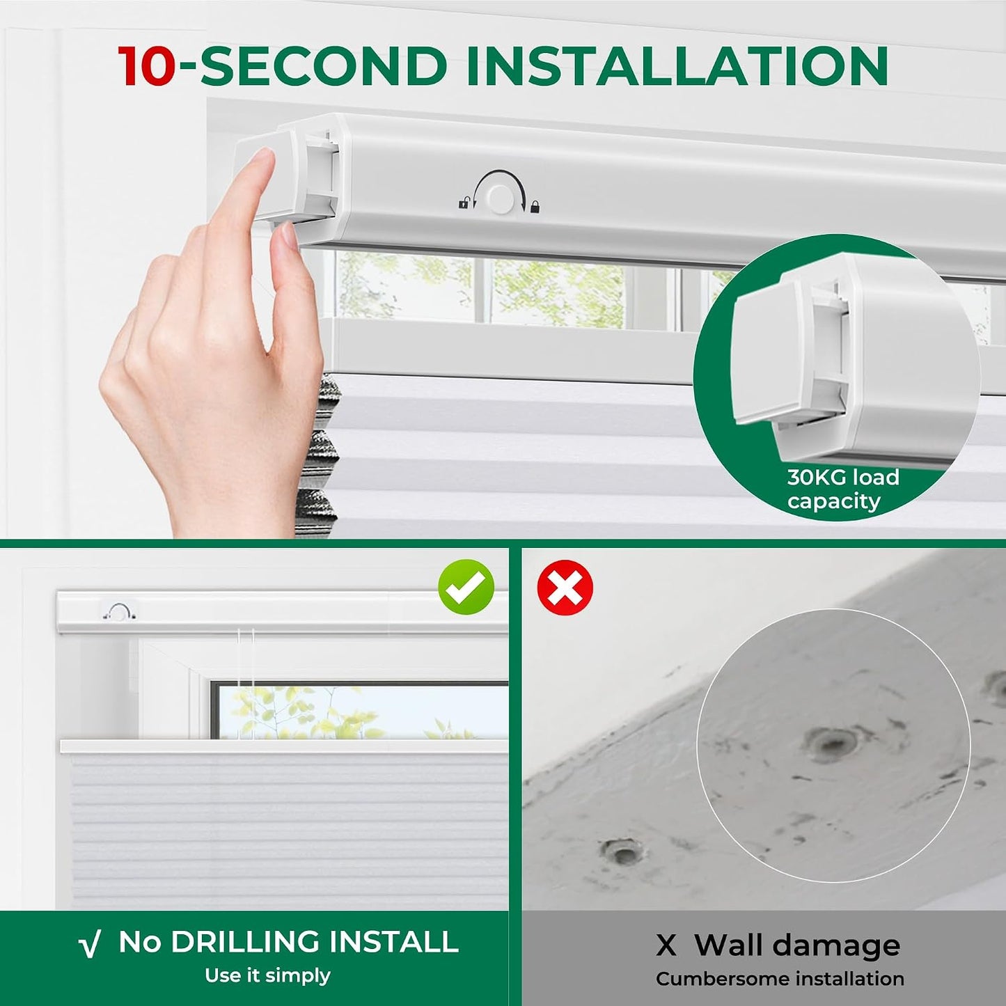 Allesin zen No Drill Top Down Bottom Up Cellular Shades,White,24" Wx36 H | TDBU Blackout Blinds for Indoor Windows,Cordless Honeycomb Shades for Home,Easy to Install Thermal Insulated
