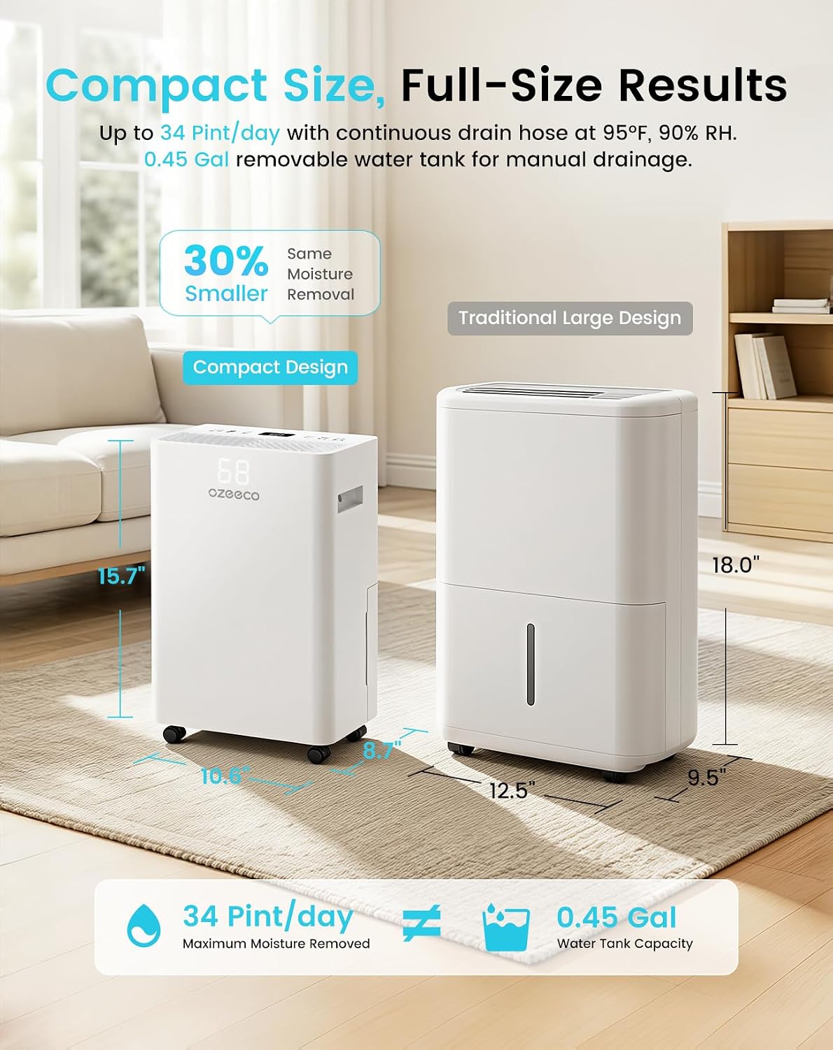 34 Pint/Day Dehumidifier for Basement with Drain Hose, 2500 Sq.Ft, 35dB