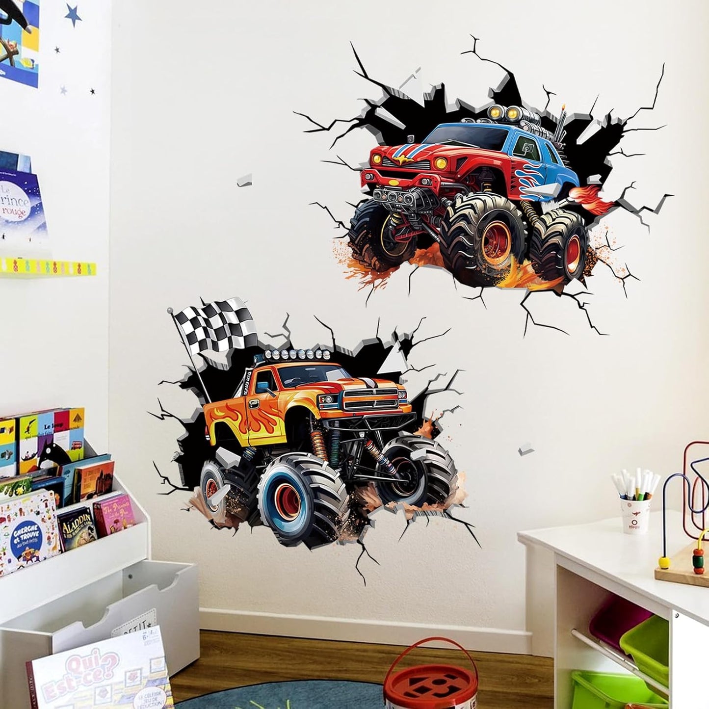 decalmile 2 Racing Cars Trucks Break Through Wall Decals Stickers