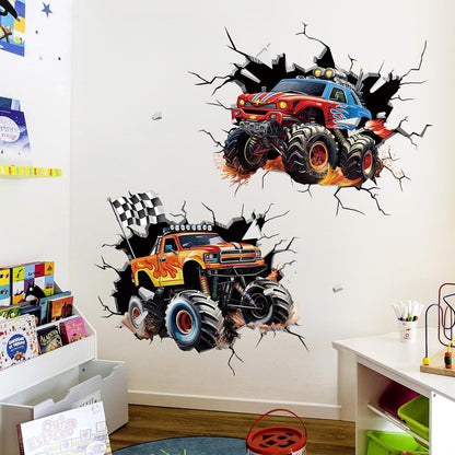 decalmile 2 Racing Cars Trucks Break Through Wall Decals Stickers