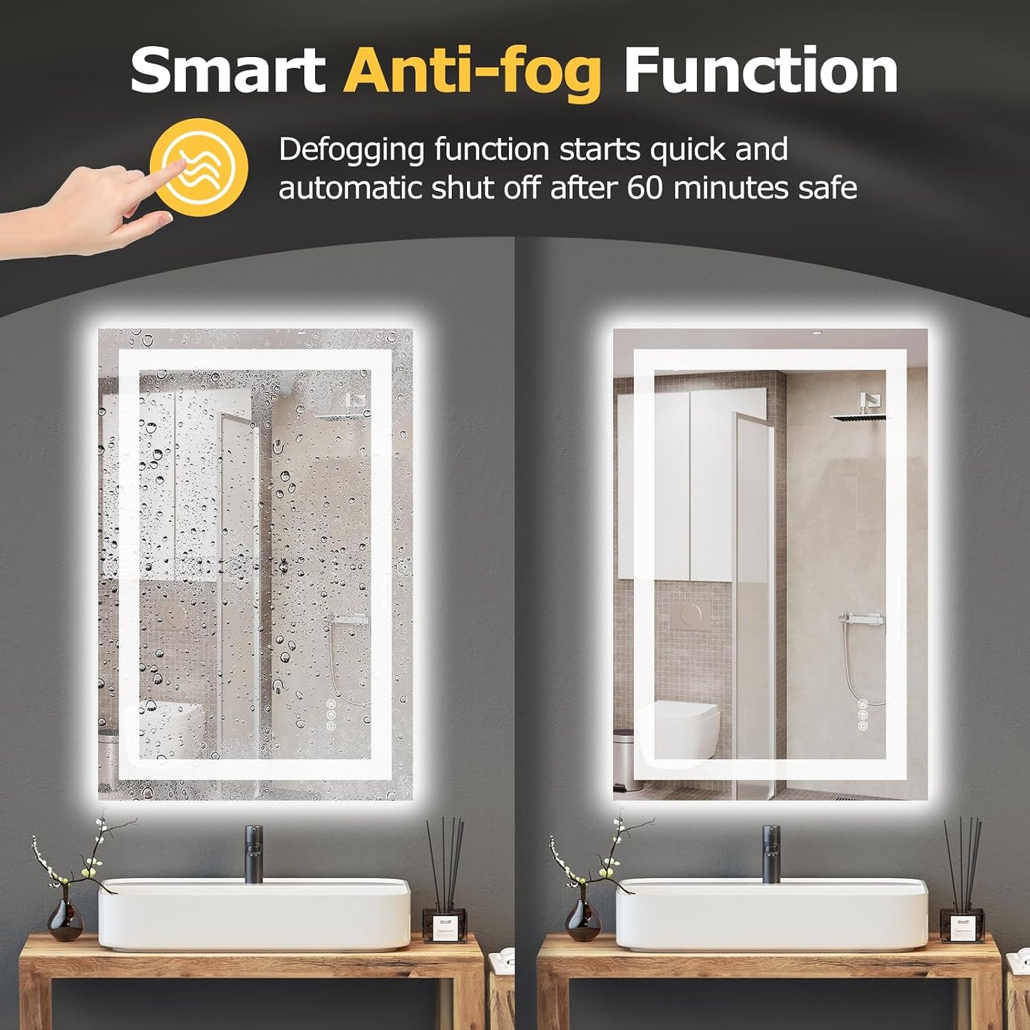 Hivone 24X36 LED Bathroom Mirror with Lights, Anti-Fog, Dimmable, Backlit + Front Lit, Smart Bathroom Vanity Mirror, Memory Function, Shatterproof, Tempered Glass (Horizontal/Vertical)