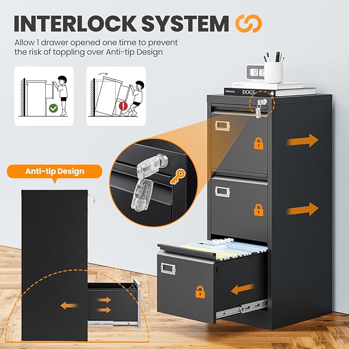 3 Drawer File Cabinet with Lock, Metal Filing Cabinets - Image 4