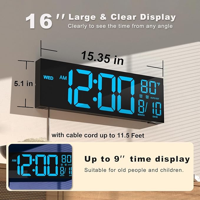 JALL 16" Large Digital Wall Mount Clock, Count Down Timer, Big LED, Temperature - Image 2