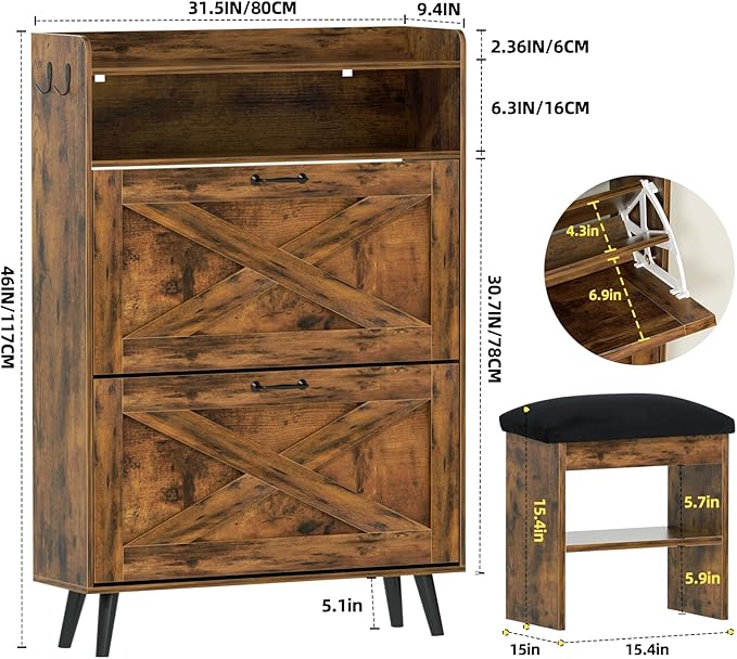 EOYUTLLY Shoe Cabinet with Bench, Entryway Shoe Organizer with 2 Flip Drawers & - Image 2