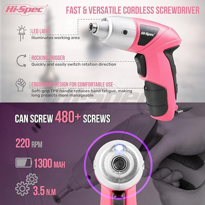 Hi-Spec Electric Screwdriver 19pc 3.6V Pink USB Small Power Screwdriver Set. - Image 3