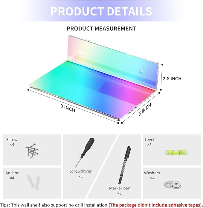 9 Inches Iridescent Floating Shelves Acrylic, Dining Room, Brand Store - Image 2