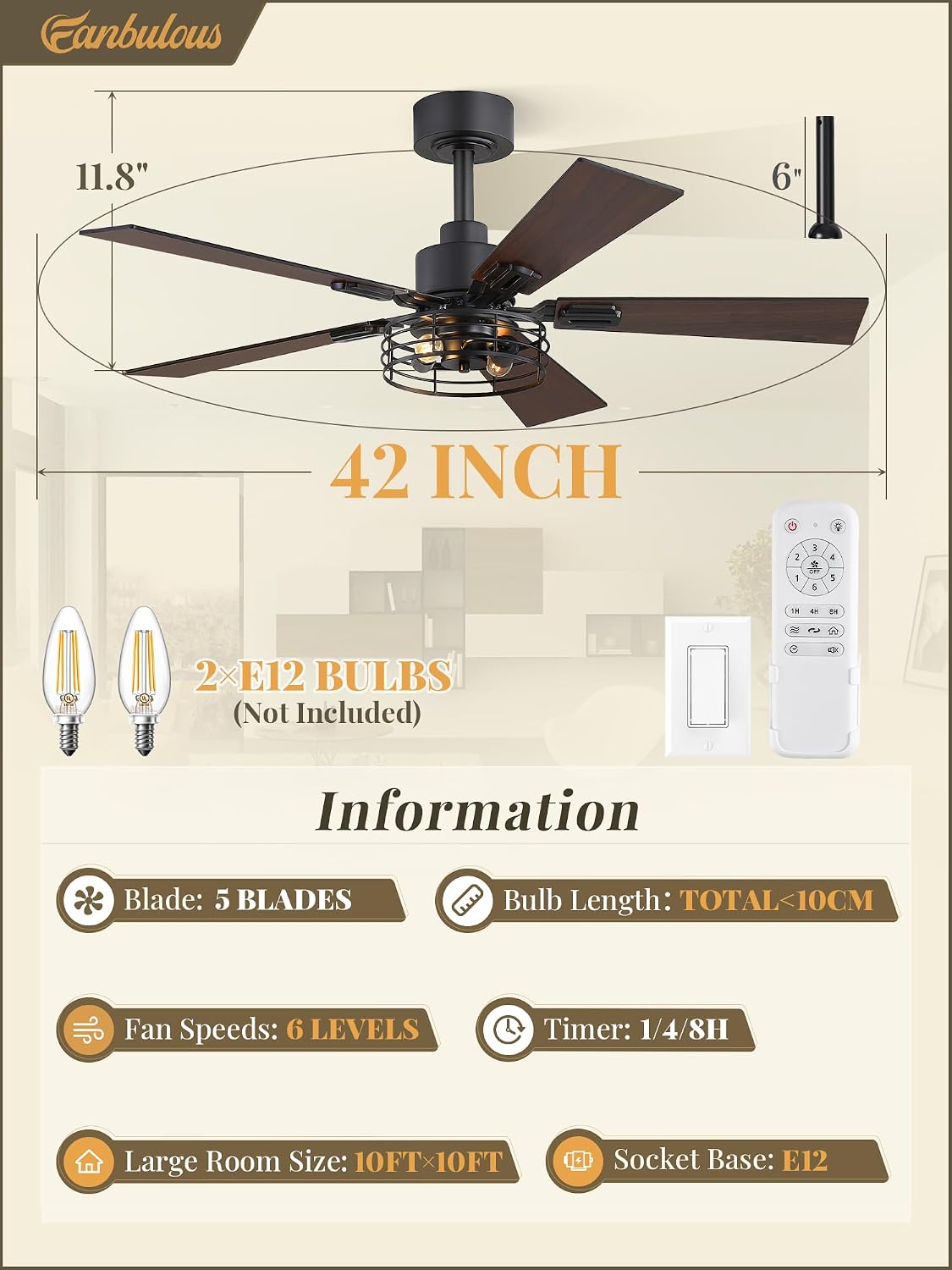 Fanbulous 42" Farmhouse Industrial Ceiling Fan with Light & Remote, ...