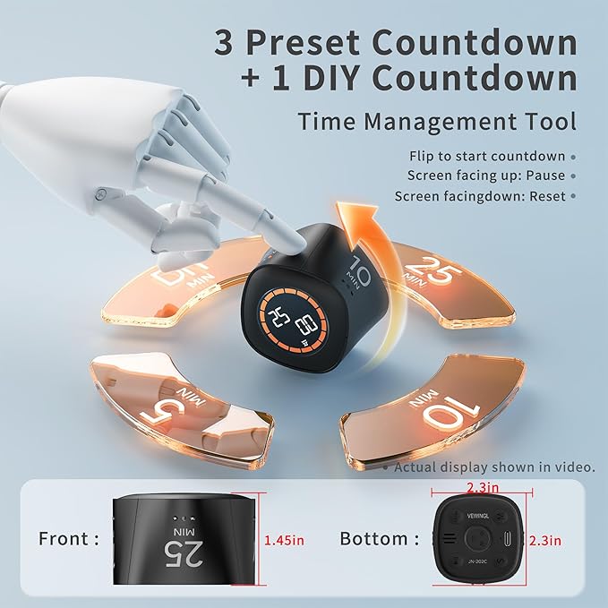 VEWINGL Cube Productivity Timer, 5/10/25/DIY Min Presets + Count-Up Mode - Image 2