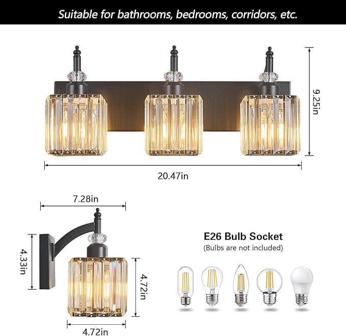 BBLLWJ Modern Bathroom Vanity Light 3-Light Black Crystal Light Fixtures Over - Image 4