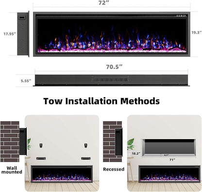 72'' Luxury Electric Fireplace – Wall Mounted & Recessed, Ultra-Slim Design - Image 7