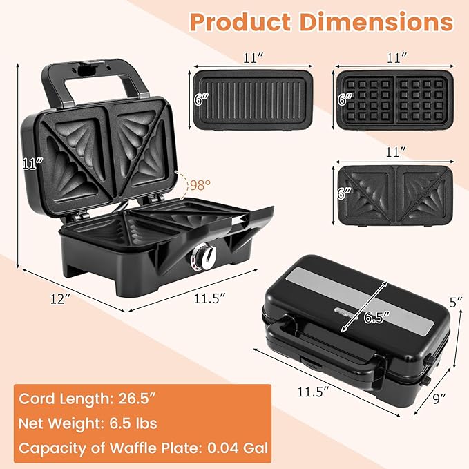 BECOMFORT 3 in 1 Waffle Maker, Sandwich Press w/3 Removable Non-stick Plates - Image 8