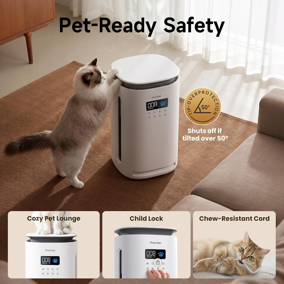 Provirtec Pet Air Purifier for Home with H13 HEPA, 4 Washable Pre-Filters