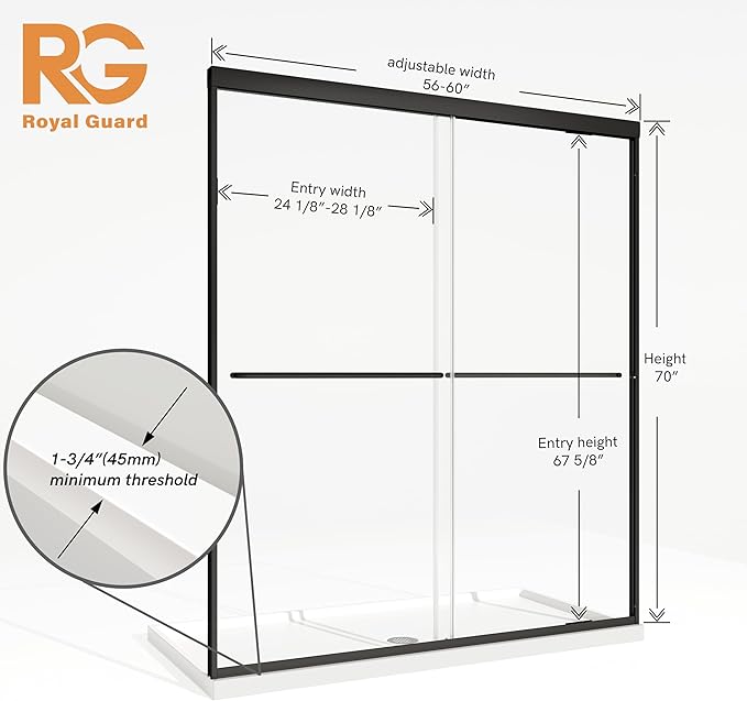 Royal Guard Double Sliding Shower Door, 56-60" W x 70" H Semi-Frameless Sliding - Image 9