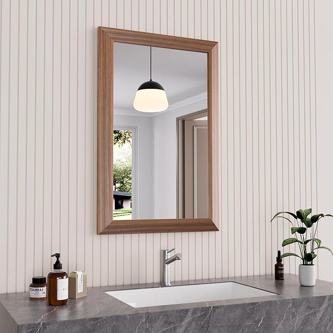 Amorho Bathroom Mirror, 20X30 Inch Wall Mirror, Walnut Wood Grain Metal Framed by Amorho