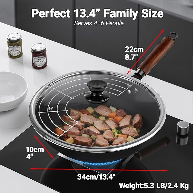 Carbon Steel Wok Pan, Nitrided Pre-Seasoned Round Bottom Woks & Stir-Fry Pans - Image 3