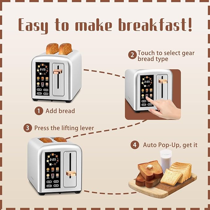 SEEDEEM Toaster 2 Slice with Touch Screen, Faster Heating Speed, 7 Shade Setting - Image 6
