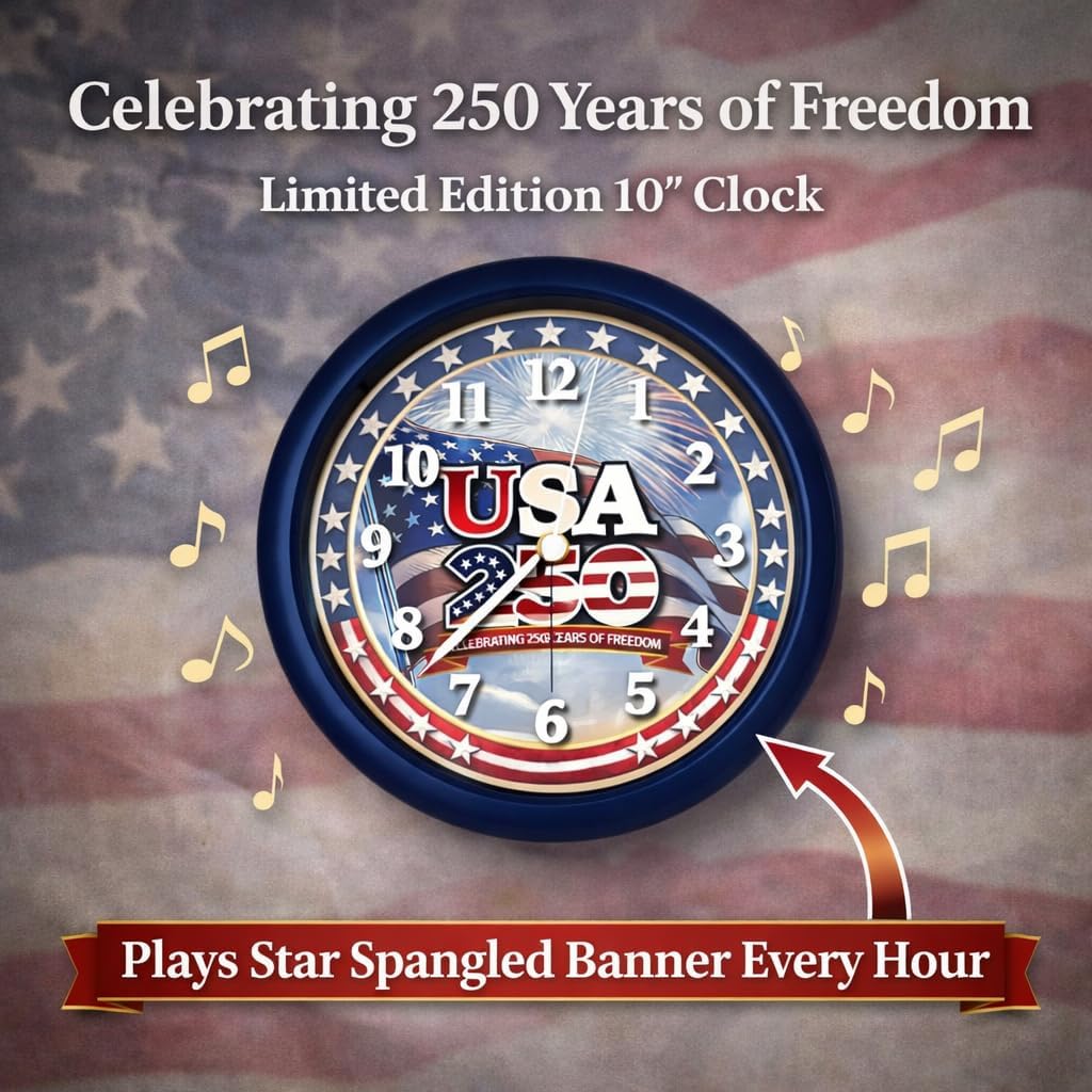 Wall Clock, America 250 Musical Anthem, Battery, Blue | 10-inch Analog Clock, Patriotic Design, Silent Hours Programmable, Plays Star-Spangled Banner | Batteries Not Included