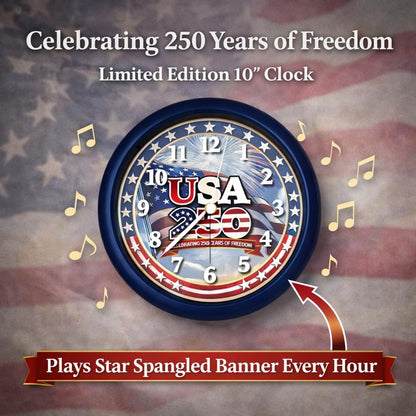 Wall Clock, America 250 Musical Anthem, Battery, Blue | 10-inch Analog Clock, Patriotic Design, Silent Hours Programmable, Plays Star-Spangled Banner | Batteries Not Included
