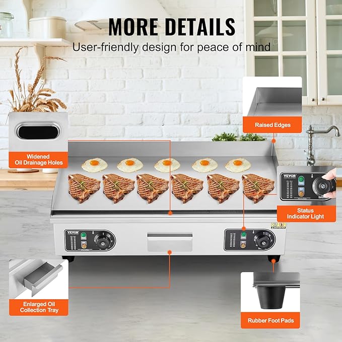 VEVOR Upgraded Commercial Electric Griddle, 2800W Stainless Steel Countertop - Image 6