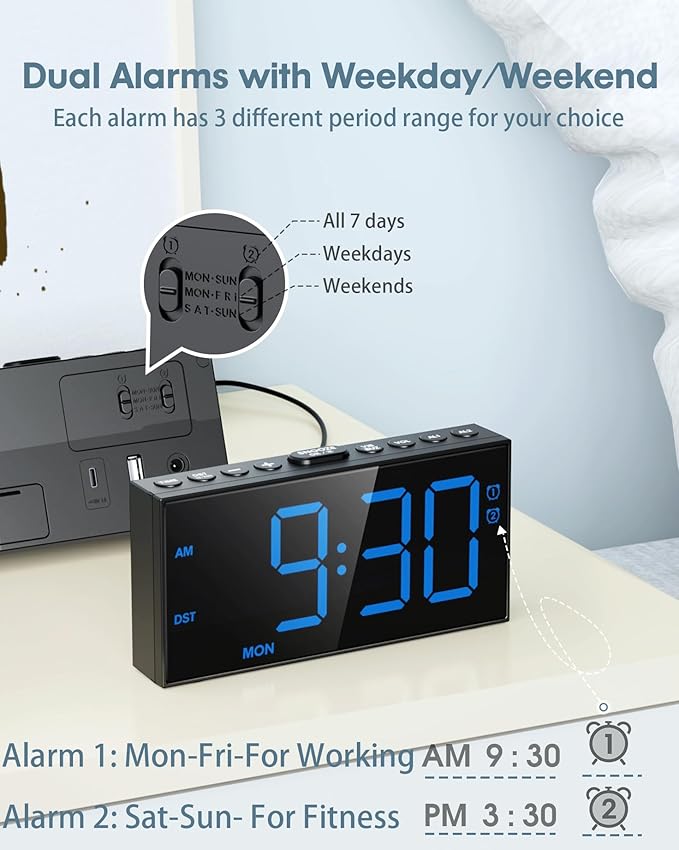 Digital Alarm Clock for Bedroom Heavy Sleepers, 7.5''Large Display, 2 Alarms - Image 2