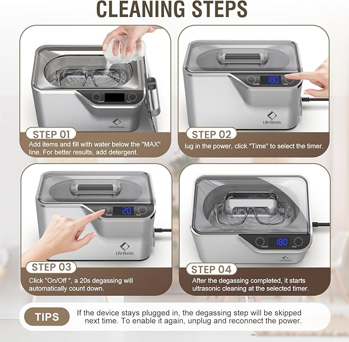 LifeBasis Ultrasonic Cleaner, Professional 45kHz Ultrasonic Jewelry Cleaner 20 - Image 6