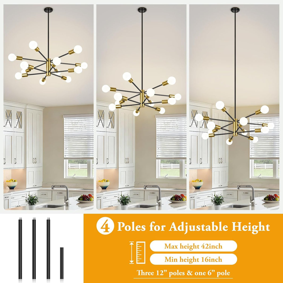 BesLowe 12 Light Modern Chandelier for Dining Room, Black and Gold