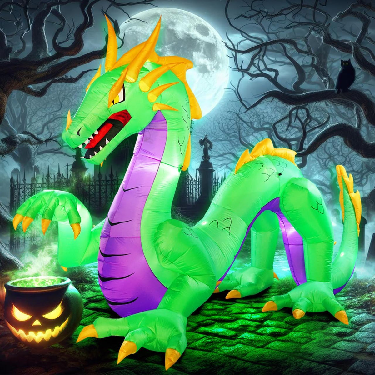 11FT Length Giant Green Halloween Inflatable Dragon, Blow Up Dragon Outdoor H...