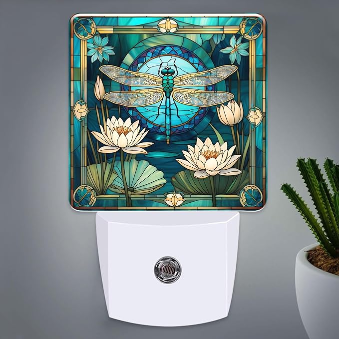 PODMemory Dragonfly & Flowers Stained Glass Night Lights Plug into Wall by PODMemory