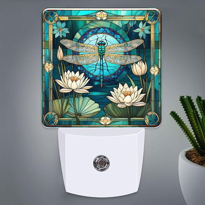 PODMemory Dragonfly & Flowers Stained Glass Night Lights Plug into Wall by PODMemory