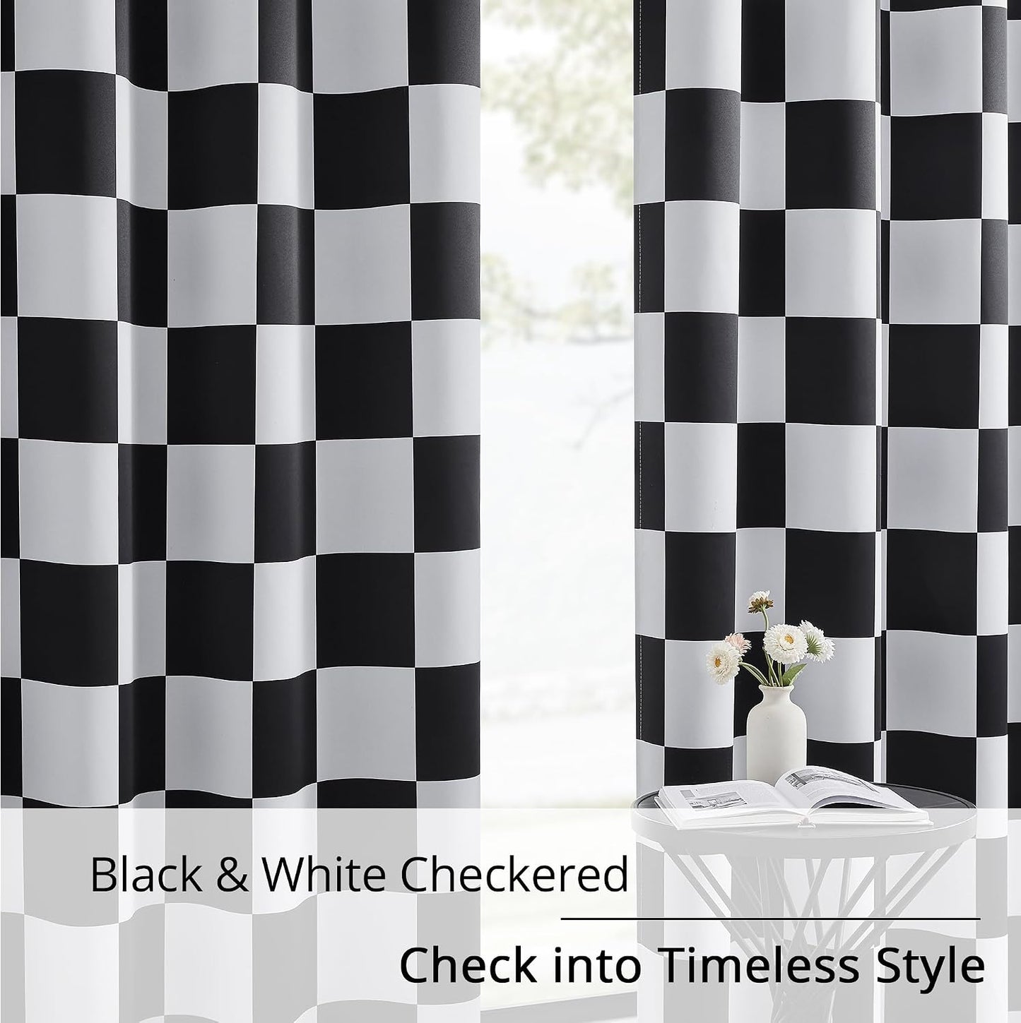 100% Blackout Curtains – Black and White Checkered Race Flag Pattern, 2 Panels, Each W52×L84, Thermal Insulated, Nosie Reducing for Bedroom, Living Room, Race car Drapes