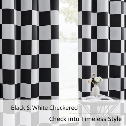 100% Blackout Curtains – Black and White Checkered Race Flag Pattern, 2 Panels, Each W52×L84, Thermal Insulated, Nosie Reducing for Bedroom, Living Room, Race car Drapes