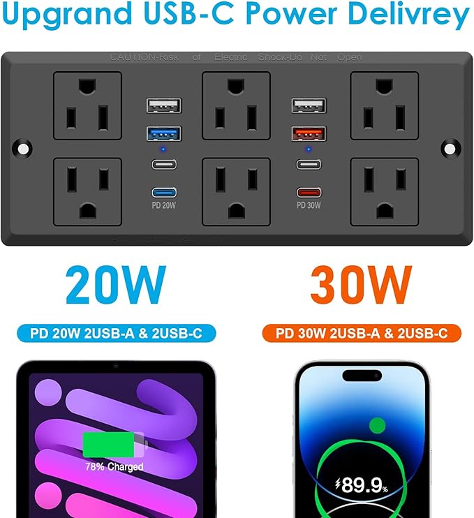 Recessed Power Strip with PD 30W Fast Charging, Conference Desk Flush Mount - Image 3