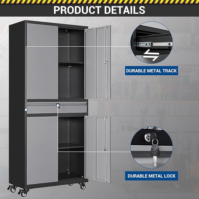 73" Metal Cabinet-Black&Gray Heavy Duty Rolling Storage Cabinet Steel Tool - Image 8