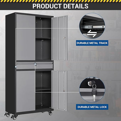 73" Metal Cabinet-Black&Gray Heavy Duty Rolling Storage Cabinet Steel Tool - Image 8