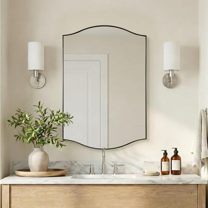 Brushed Nickel Mirror, 24"x36" Silver Scalloped Wall Mirror for Bathroom, Curved Edge Design with SUS304 Stainless Steel Metal Frame, Ideal for Bathroom, Bedroom, Entryway