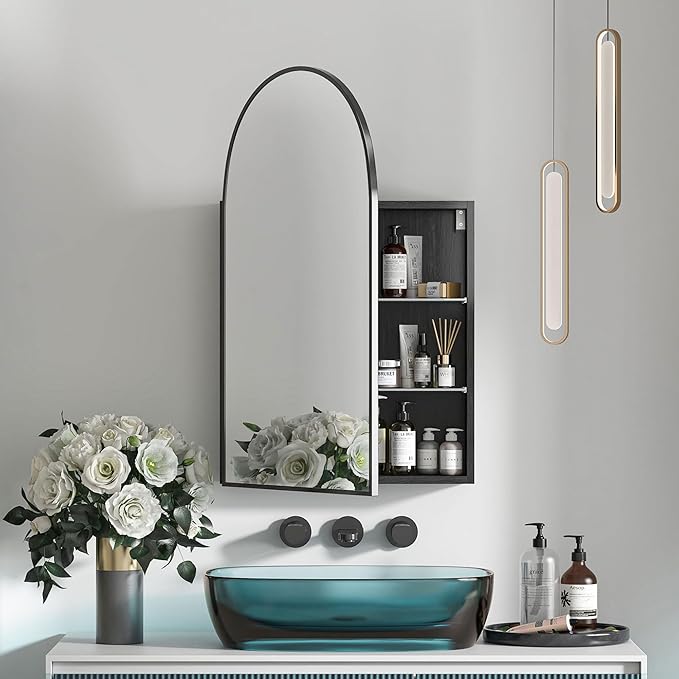 Arched Medicine Cabinet Mirror for Bathroom, Brushed Black Arch Mirror Cabinet - Image 8