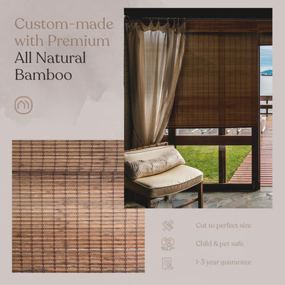 MOOD Custom Bamboo Shades | Rustic | Cordless Bamboo Roman Shades for Windows and Doors (Natural Woven) | Rustic Walnut (Great Privacy) | 52" W X 72" H