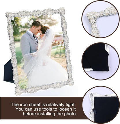 DIKAR 8x10 Picture Frame with Pearl for Wedding, Silver Plated with HD Acylic Finish Photo Frames with Rhinestones for Horizontal and Vertical Decor Tabletop Display