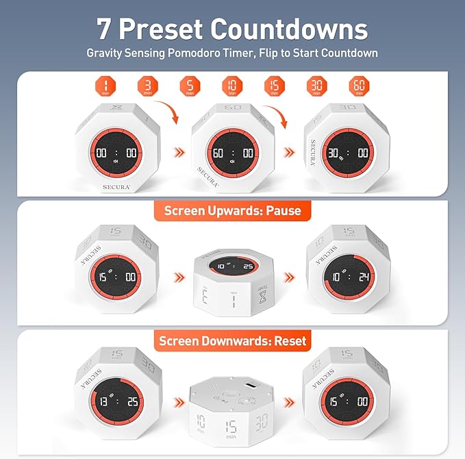 Secura Pomodoro Timer, Rotating Cube Time Tracker, Flip Gravity Sensor - Image 2