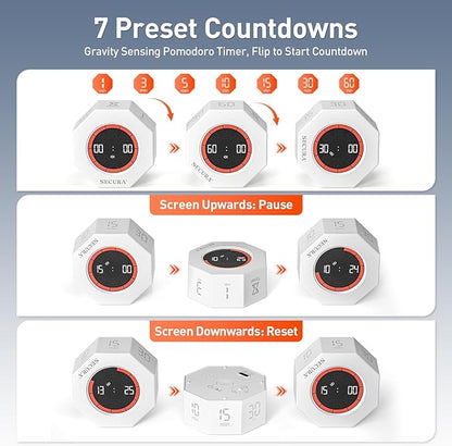Secura Pomodoro Timer, Rotating Cube Time Tracker, Flip Gravity Sensor - Image 2