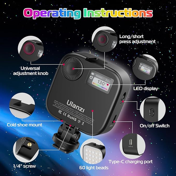 ULANZI U60 RGB Video Lights Black LED Camera Light 360° Full Color Portable - Image 3