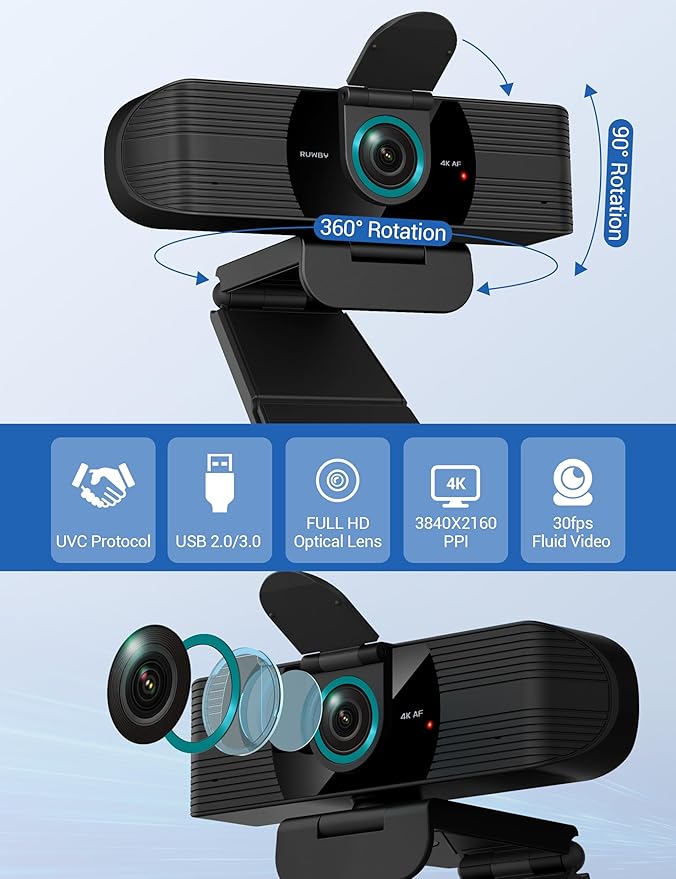 RUWBY UHD 4K Webcam with Built-in Dual Mics, Wide-Angle Lens, Privacy Cover - Image 2