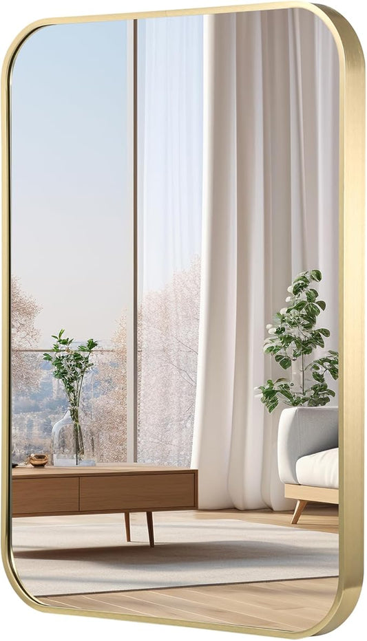 30x36 Inch Gold Bathroom Mirror, Brushed Gold Metal Framed Rectangular Mirror by JENBELY