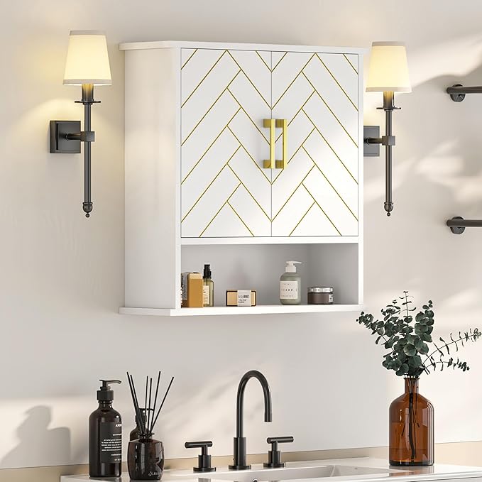 White Chevron Pattern Bathroom Wall Mount Cabinet, Stylish Hanging Medicine by Mepplzian