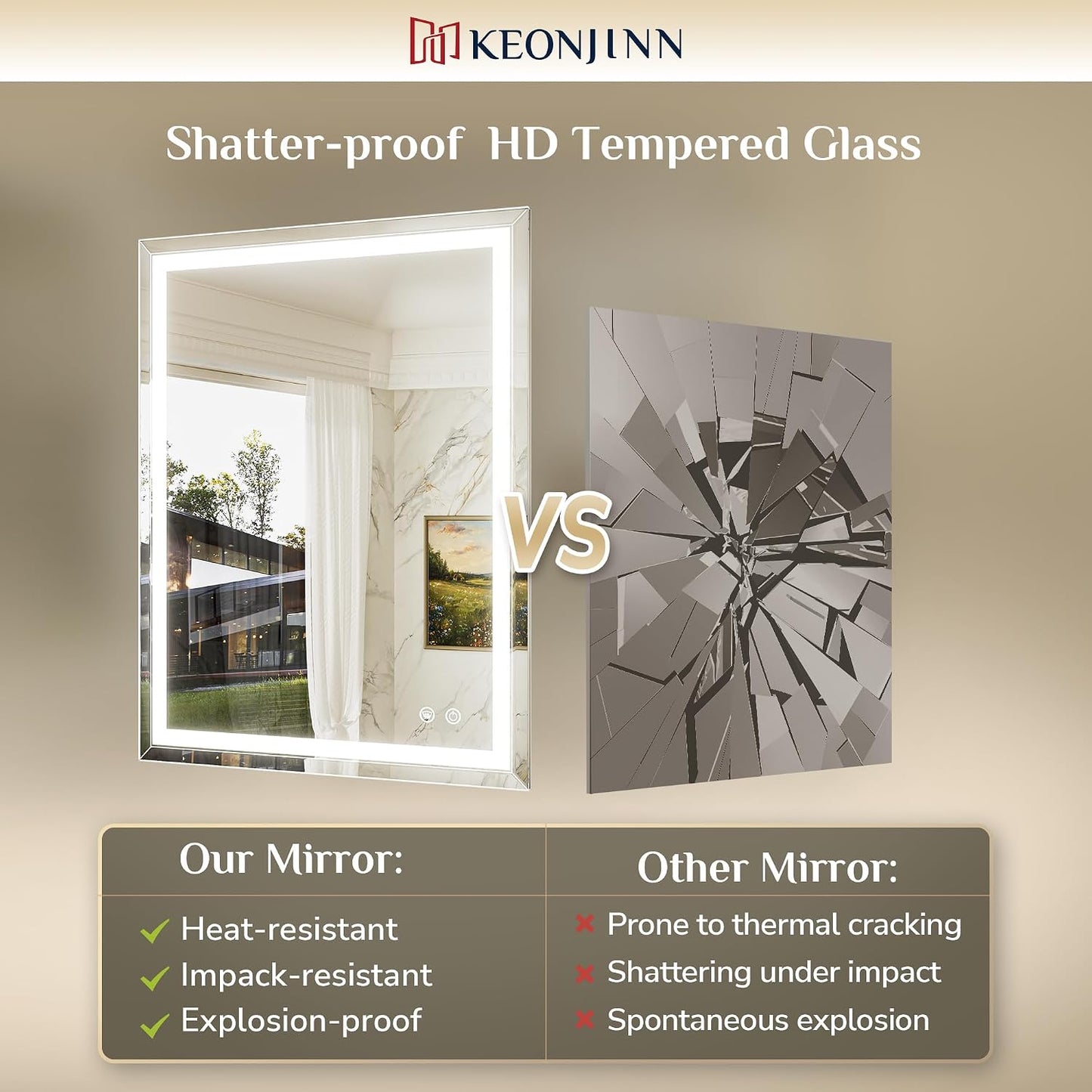 Keonjinn Beveled Bathroom Mirror with Lights 28" x 36", Frontlit & Backlit | HD Tempered Glass, Lighted Mirrors for Bathroom Wall, 3 Color Lights, Fast Defogging, Stepless Dimmable, Wall Switch/Plug in