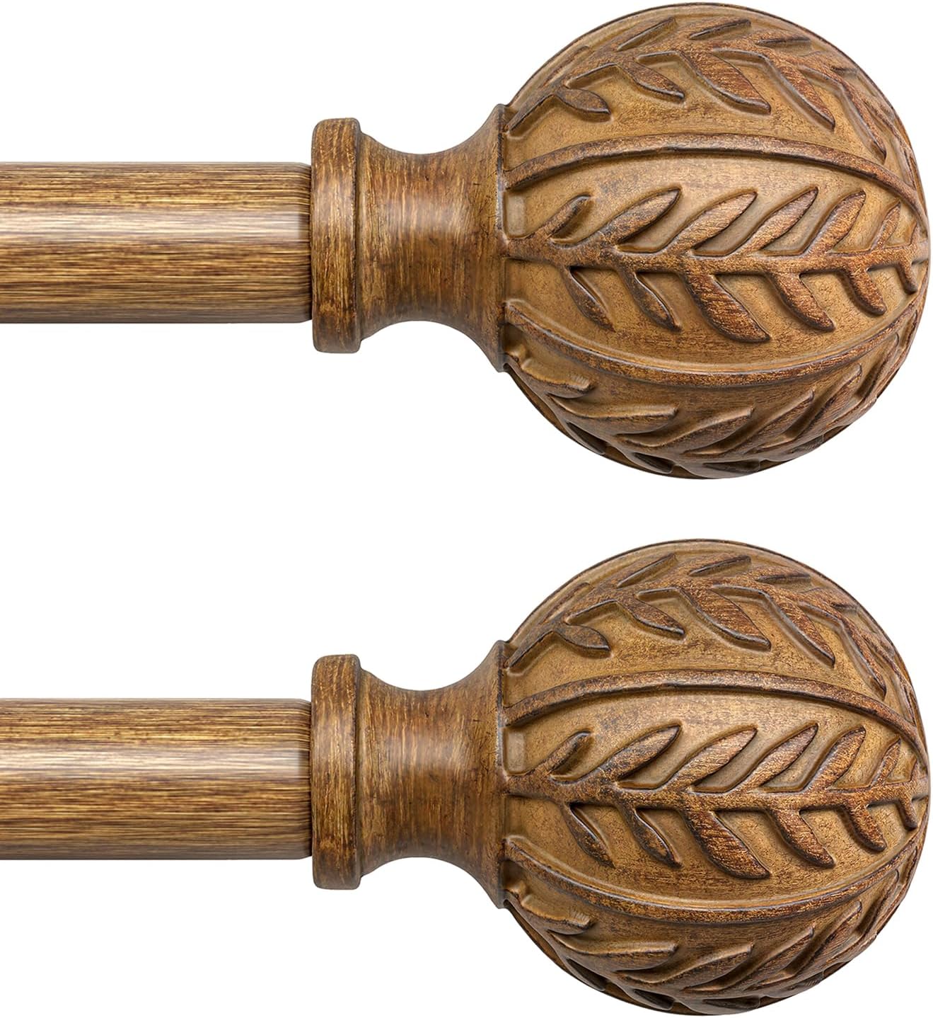QDWIS 2 Pack Boho Wood Curtain Rods for Windows 48 to 84 inch,1" Adjustable Heavy Duty Window Curtain Rod with Imitation Wood Grain Finials,Rustic Decorative Drapery Rods Set 36-88'',Natural Wood