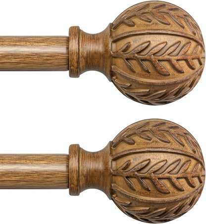 QDWIS 2 Pack Boho Wood Curtain Rods for Windows 48 to 84 inch,1" Adjustable Heavy Duty Window Curtain Rod with Imitation Wood Grain Finials,Rustic Decorative Drapery Rods Set 36-88'',Natural Wood