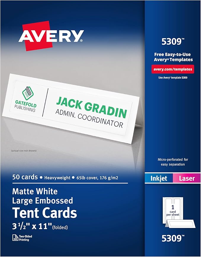 Avery Printable Tent Cards, 3.5" x 11", 50 Blank Place Cards by Avery