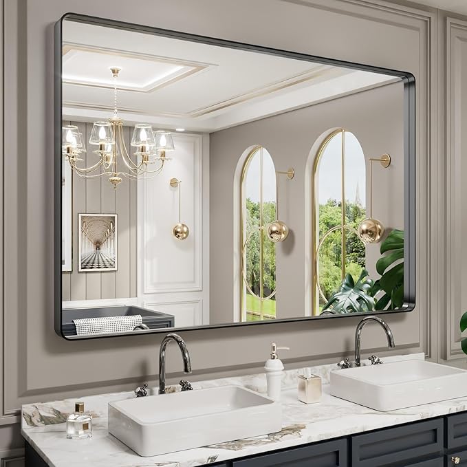 LOAAO 60X40 Inch Black Metal Framed Bathroom Mirror by LOAAO